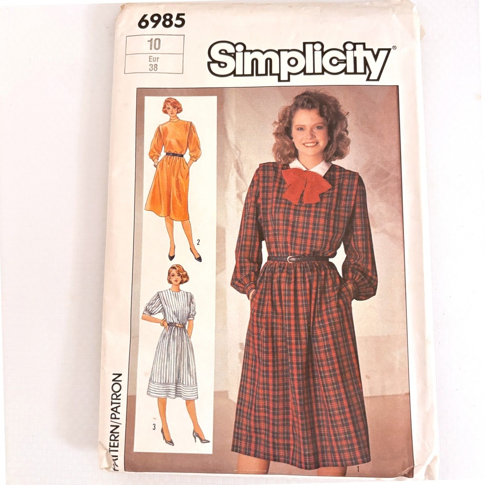 Simplicity 6985 Shoulder Pleat Dress 10 Vtg'85 Preppy Academia, Cottagecore UC